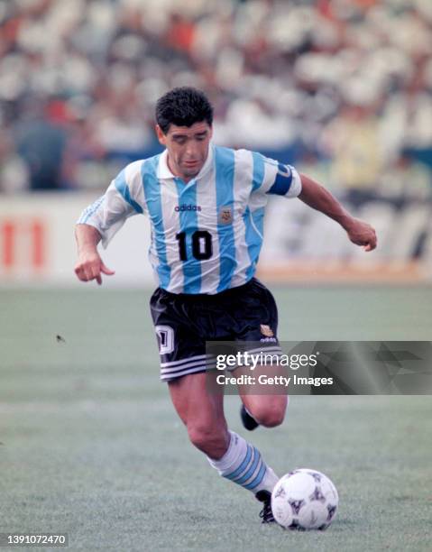 Argentina player Diego Maradona in action during a 1994 FIFA World Cup match against Nigeria on June 25th, 1994 in Boston, United States.