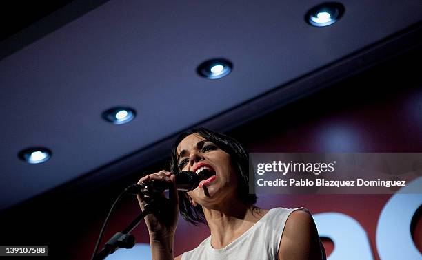 Singer Raquel del Rosario of 'El sueno de Morfeo' performs during presentation of new album 'Buscamos Sonrisas' at FNAC Callao on February 16, 2012...