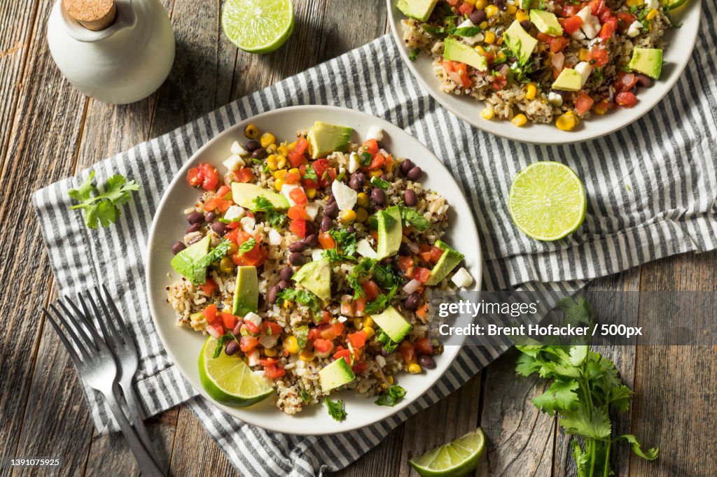 Homemade Mexican Baja Rice Bowl,Directly above shot of salad in bowl on table
