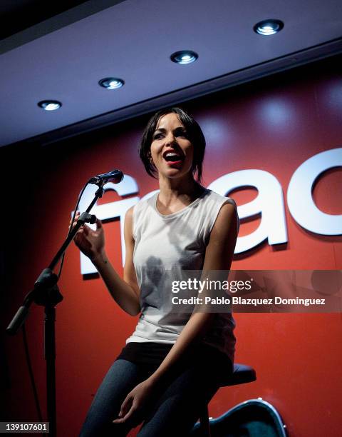 Singer Raquel del Rosario of 'El sueno de Morfeo' performs during presentation of new album 'Buscamos Sonrisas' at FNAC Callao on February 16, 2012...