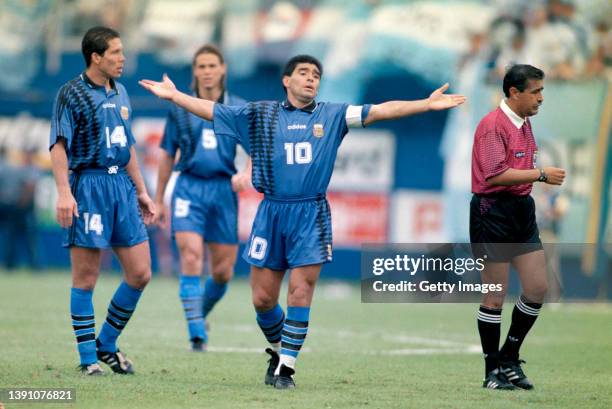 Argentina player Diego Maradona reacts to the referee as team mate Diego Simeone looks on during the World Cup match against Greece on June 21st,...