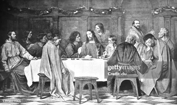 holy communion, jesus and the twelve apostles - religious illustration stock illustrations