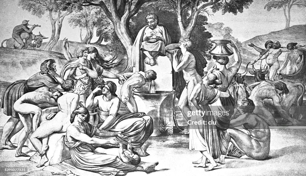 Aesop tells his fables to an audience outdoor at the well