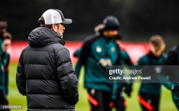 Jurgen Klopp manager of Liverpool during a training session at AXA Training Centre on April 12, 2022 in Kirkby, England.