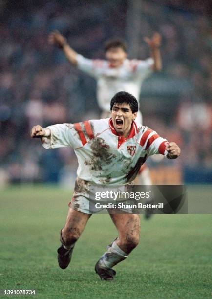 Sevilla FC player Diego Maradona pictured celebrating during a match in January 1993.