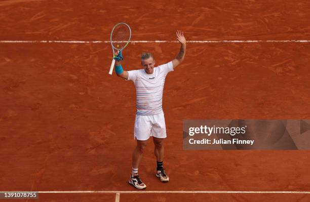 Alejandro Davidovich Fokina of Spain celebrates victory against Novak Djokovic of Serbia during day three of the Rolex Monte-Carlo Masters at...