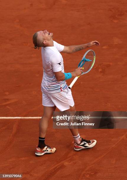 Alejandro Davidovich Fokina of Spain celebrates victory against Novak Djokovic of Serbia during day three of the Rolex Monte-Carlo Masters at...