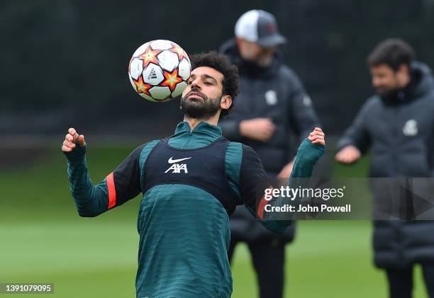 Mohamed Salah of Liverpool in action during a training session at AXA Training Centre on April 12, 2022 in Kirkby, England.