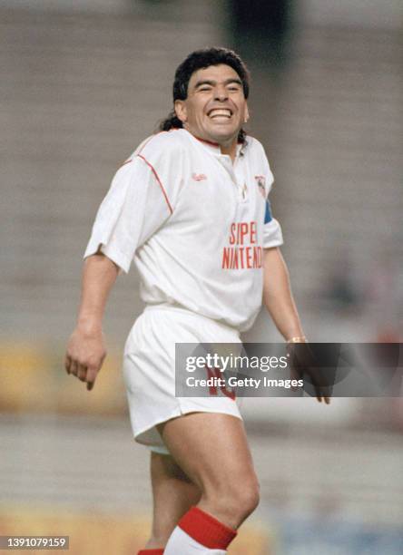 Sevilla FC player Diego Maradona reacts during a match against Bayern Munich on September 29th, 1992 in Seville, Spain.