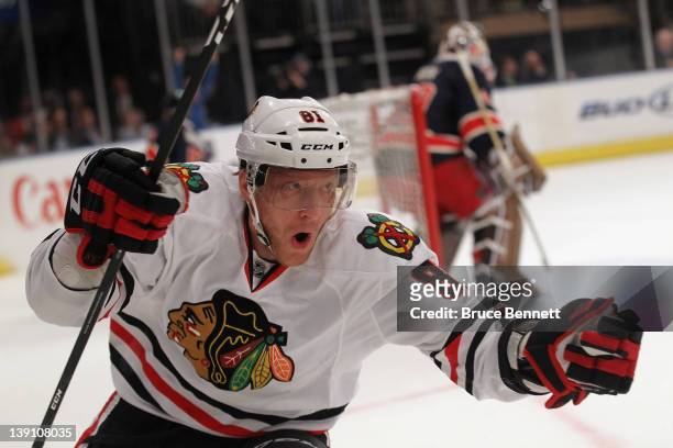 Marian Hossa of the Chicago Blackhawks scores at 9:38 of the first period against the New York Rangers at Madison Square Garden on February 16, 2012...
