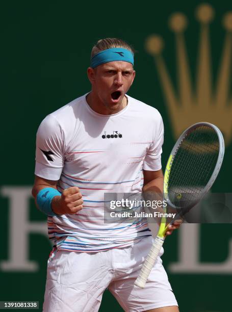 Alejandro Davidovich Fokina of Spain celebrates against Novak Djokovic of Serbia during day three of the Rolex Monte-Carlo Masters at Monte-Carlo...