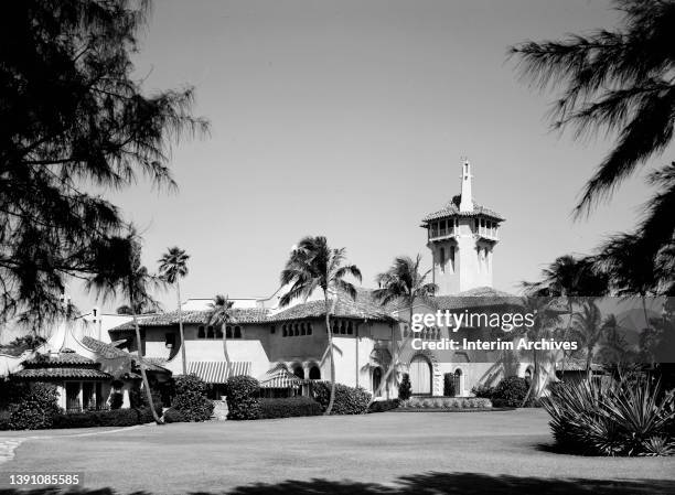 Exterior of Mar-A-Lago, at 1100 South Ocean Boulevard in Palm Beach, Florida, 1967. The Mediterranean style villa was designed by architect Marion...