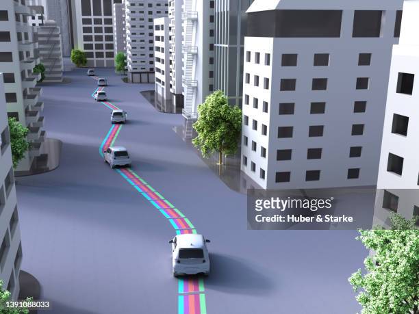 5g data stream, autonomous driving, running  through a city - magenta car stock pictures, royalty-free photos & images