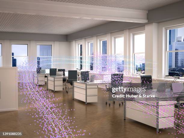 5g data stream shown as wave running through an office - bureau de change stockfoto's en -beelden