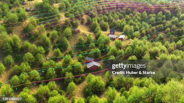 5g data stream running through a village in a rural environment - campagne photos et images de collection