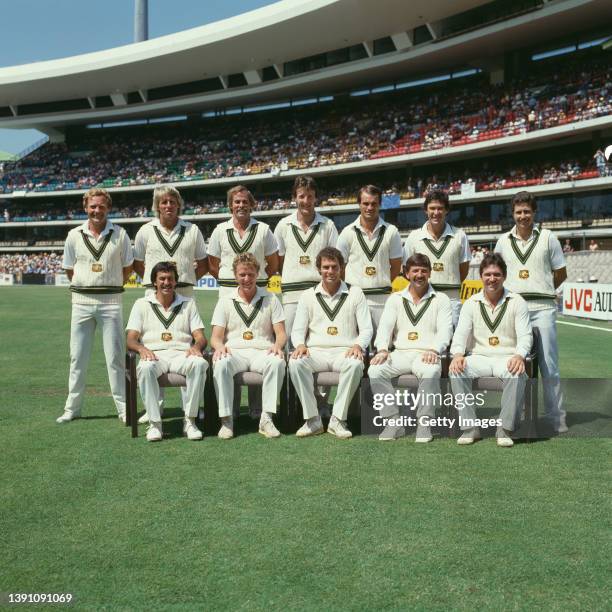 Australia's 1982/83 Ashes winning test squad pictured during the latter part of the series from left to right back row, Rodney Hogg, Jeff Thomson,...