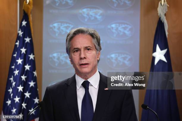 Secretary of State Antony Blinken speaks on human rights at the State Department on April 12, 2022 in Washington, DC. Secretary Blinken delivered...