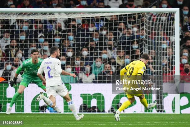 Mason Mount of Chelsea scores their team's first goal during the UEFA Champions League Quarter Final Leg Two match between Real Madrid and Chelsea FC...