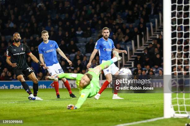 Clark Robertson of Portsmouth FC scores a goal to make it 1-0 during the Sky Bet League One match between Portsmouth and Rotherham United at Fratton...