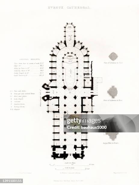 french cathedral, evreux cathedral, beauvais, oise, evreux, antique french engraving, 1837 - rouen stock illustrations