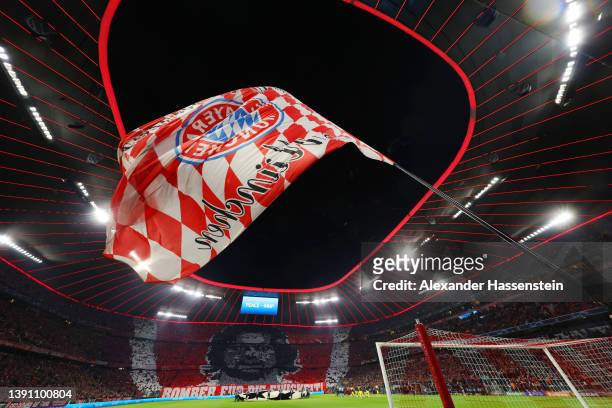 General view inside the stadium as fans display a tifo showing a picture of the deceased striker Gerd Mueller and the lettering 'Bomber fuer die...