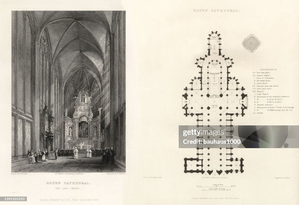 French Cathedral, Rouen Cathedral, Rouen, France, Antique French Engraving, 1837