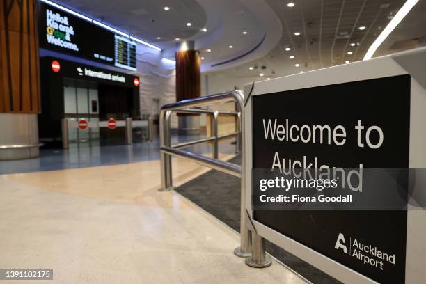 View of the arrivals area as tourists are welcomed back to Auckland International Airport on April 13, 2022 in Auckland, New Zealand. New Zealand...