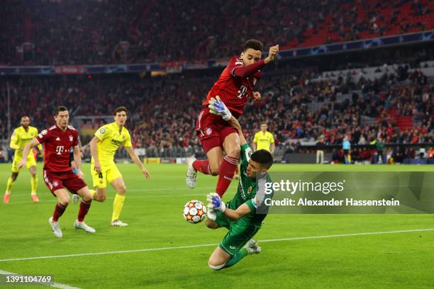 Jamal Musiala of FC Bayern Muenchen is fouled by Geronimo Rulli of Villarreal CF in the box during the UEFA Champions League Quarter Final Leg Two...