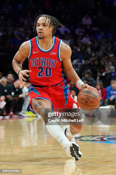 Carsen Edwards of the Detroit Pistons dribbles the ball against the Philadelphia 76ers at the Wells Fargo Center on April 10, 2022 in Philadelphia,...