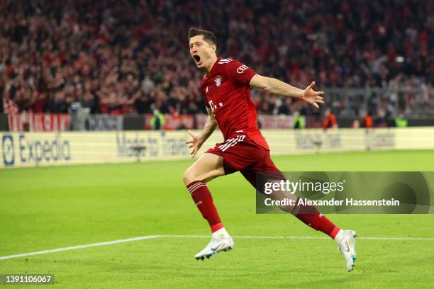 Robert Lewandowski of FC Bayern Muenchen celebrates after scoring their team's first goal during the UEFA Champions League Quarter Final Leg Two...