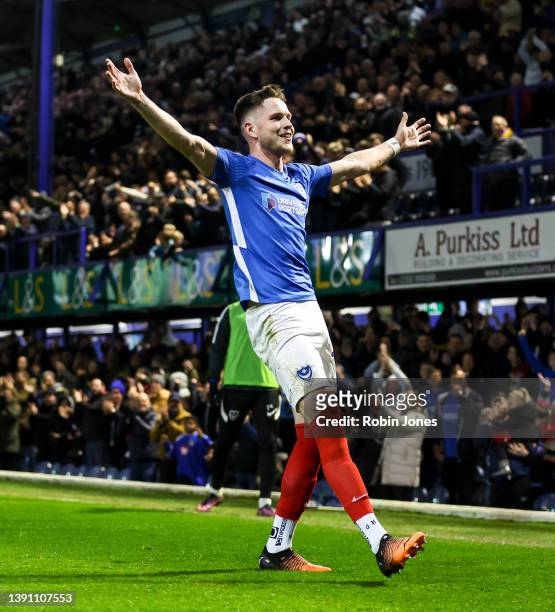 George Hirst of Portsmouth FC celebrates after he scores a goal to make it 3-0 during the Sky Bet League One match between Portsmouth and Rotherham...