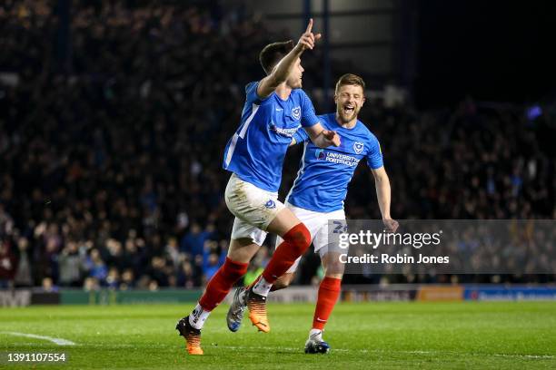 George Hirst of Portsmouth FC celebrates after he scores a goal to make it 3-0 during the Sky Bet League One match between Portsmouth and Rotherham...