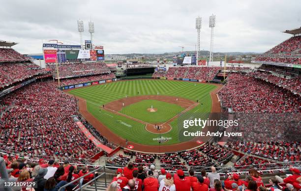 General view of the Cincinnati Reds against the Cleveland Guardians at Great American Ball Park on April 12, 2022 in Cincinnati, Ohio.