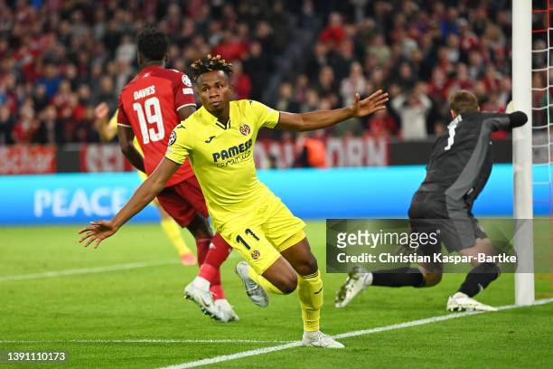 Samuel Chukwueze of Villarreal CF celebrates after scoring their team's first goal during the UEFA Champions League Quarter Final Leg Two match...