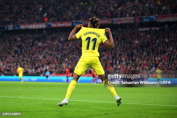 Samuel Chukwueze of Villarreal CF celebrates after scoring their team's first goal during the UEFA Champions League Quarter Final Leg Two match...