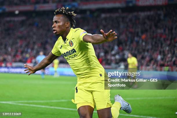 Samuel Chukwueze of Villareal celebrates after scoring his team's first goal during the UEFA Champions League Quarter Final Leg Two match between...