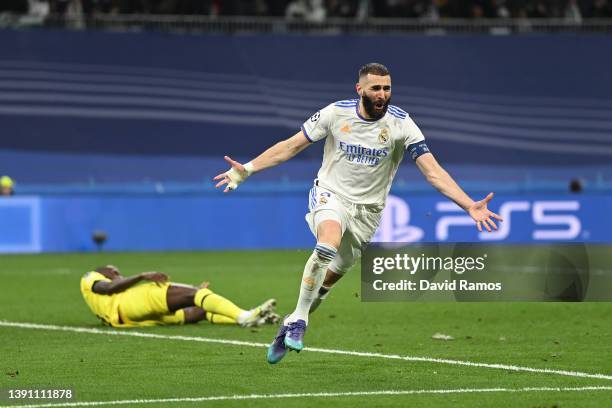 Karim Benzema of Real Madrid celebrates after scoring their team's second goal during the UEFA Champions League Quarter Final Leg Two match between...