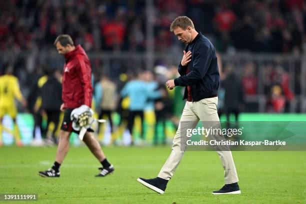 Julian Nagelsmann, Head Coach of FC Bayern Muenchen looks dejected following their side's draw in the UEFA Champions League Quarter Final Leg Two...