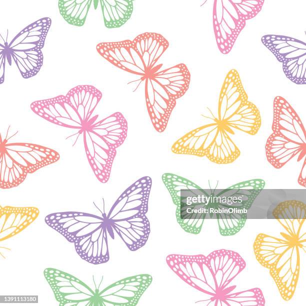 ilustrações de stock, clip art, desenhos animados e ícones de pastel monarch butterflies white background seamless pattern - monarch butterfly