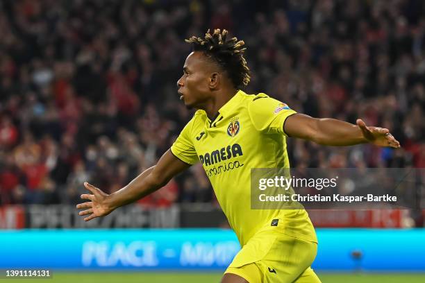 Samu Chukwueze of Villareal celebrates after scoring his team`s first goal during the UEFA Champions League Quarter Final Leg Two match between...