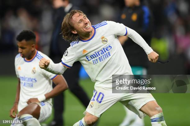 Luka Modric of Real Madrid celebrates after their sides victory during the UEFA Champions League Quarter Final Leg Two match between Real Madrid and...