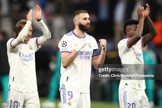 Karim Benzema of Real Madrid celebrates at full-time following the UEFA Champions League Quarter Final Leg Two match between Real Madrid and Chelsea...