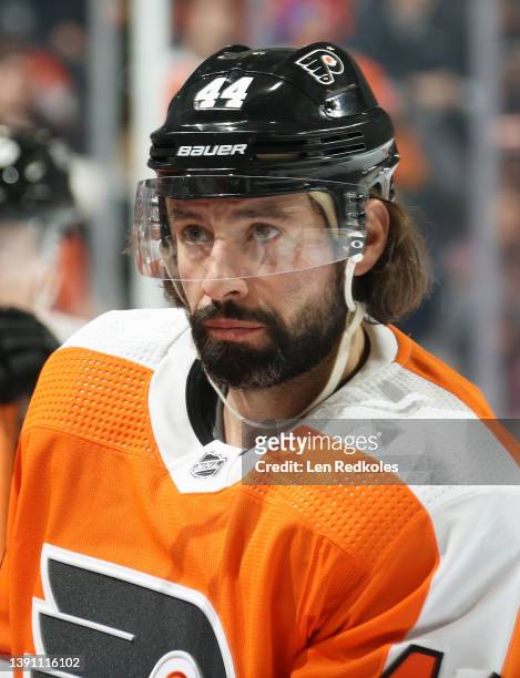 Nate Thompson of the Philadelphia Flyers looks on from the bench during a timeout in the first period against the Columbus Blue Jackets at the Wells...