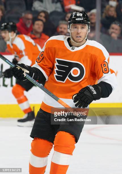 Cam Atkinson of the Philadelphia Flyers skates against the Columbus Blue Jackets at the Wells Fargo Center on April 5, 2022 in Philadelphia,...