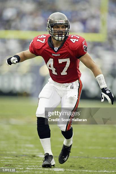 Safety John Lynch of the Tampa Bay Buccaneers follows the play during the NFL game against the Baltimore Ravens on September 15, 2002 at Ravens...