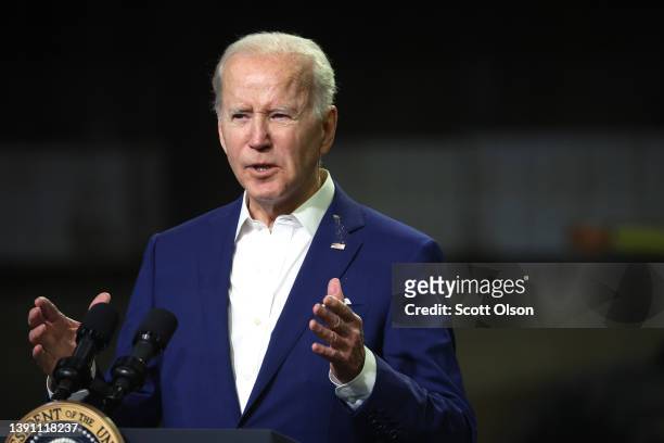 President Joe Biden speaks to guests during a visit to POET Bioprocessing on April 12, 2022 in Menlo, Iowa. Biden announced that he would ease...