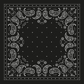 Paisley Bandana Print. Vector Floral Square Black and White Ornament with Stylized Peony Flowers and Small Bluebells. Vintage Oriental Silk Neck Scarf, Headscarf or Kerchief design
