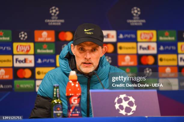 Thomas Tuchel, Manager of Chelsea speaks in a press conference following the UEFA Champions League Quarter Final Leg Two match between Real Madrid...