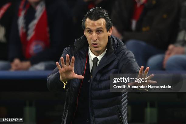 Unai Emery, head coach of Villareal reacts during the UEFA Champions League Quarter Final Leg Two match between Bayern München and Villarreal CF at...