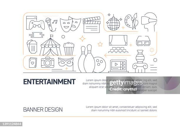 entertainment related vector banner design concept, modern line style with icons - gamification stock illustrations
